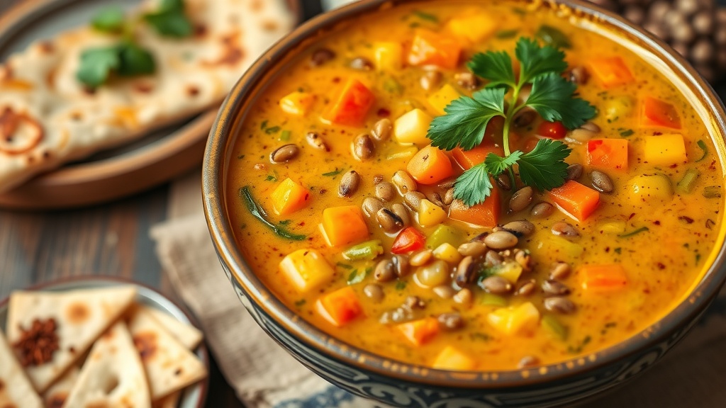 Spicy and Comforting Mulligatawny Soup Recipe A bowl of Mulligatawny Soup with lentils, carrots, and cilantro garnished, on a rustic table with naan bread.